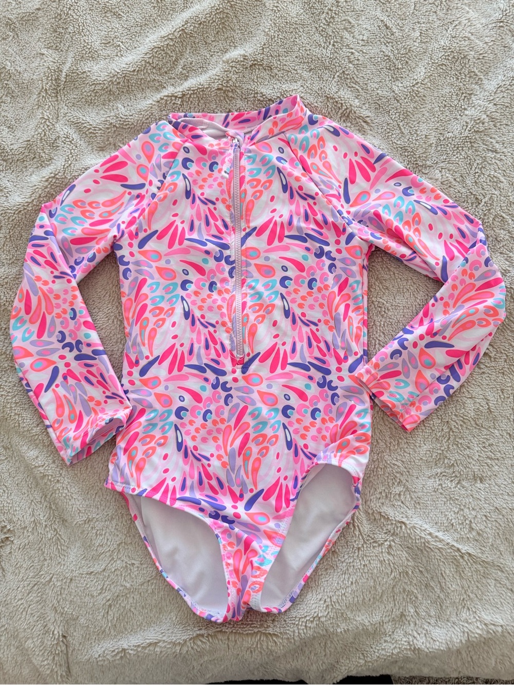 Kids Long Sleeve One-Piece Rash Guard Swimsuit - Pink Pattern